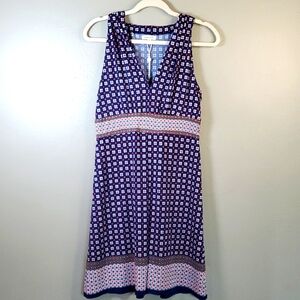 NWOT Max Studio Blue, Orange & White Patterned Vneck Midi Dress, Medium